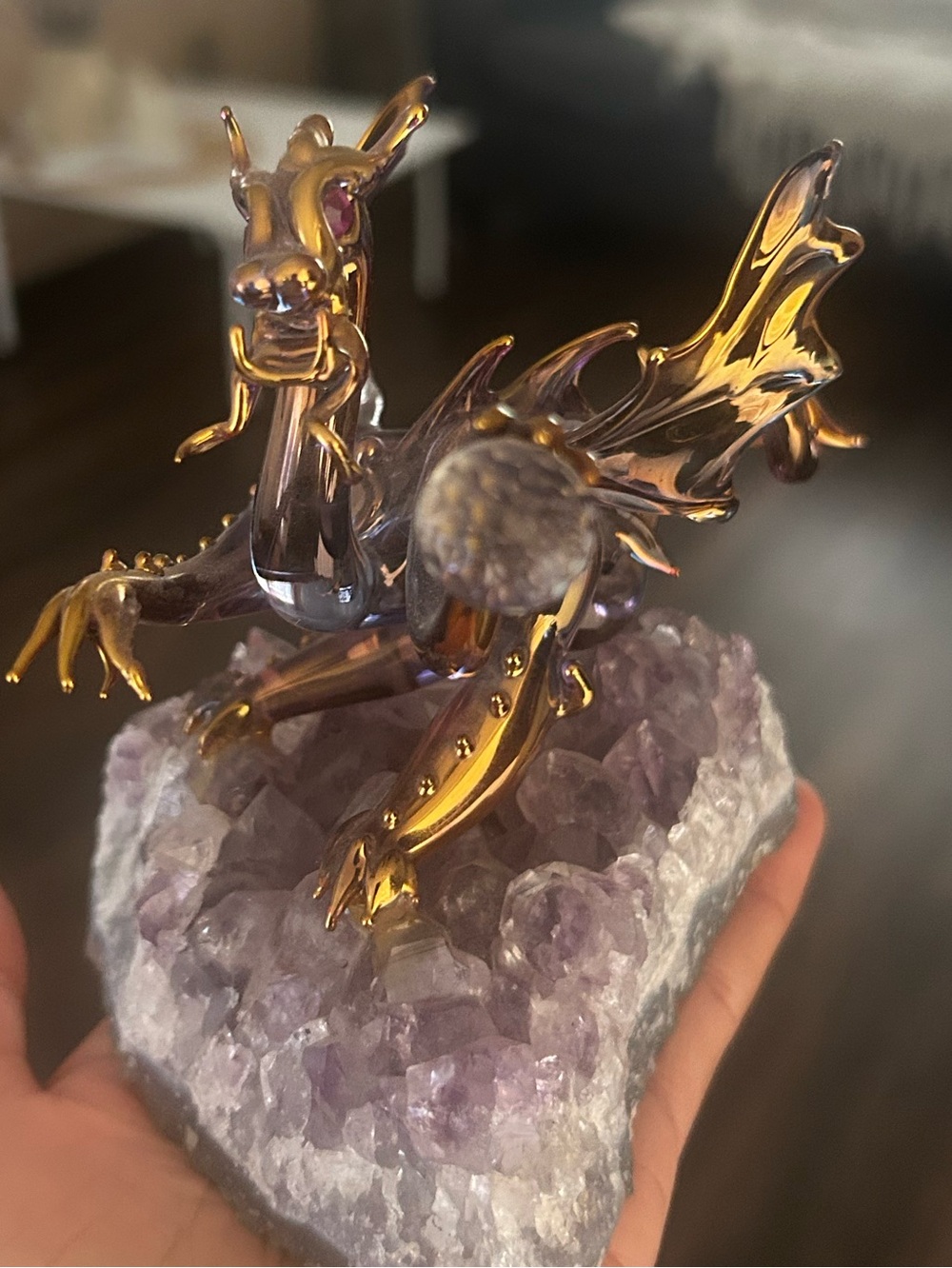 Handheld Gold-Toned Glass Dragon on Amethyst Geode - Home Art Accent